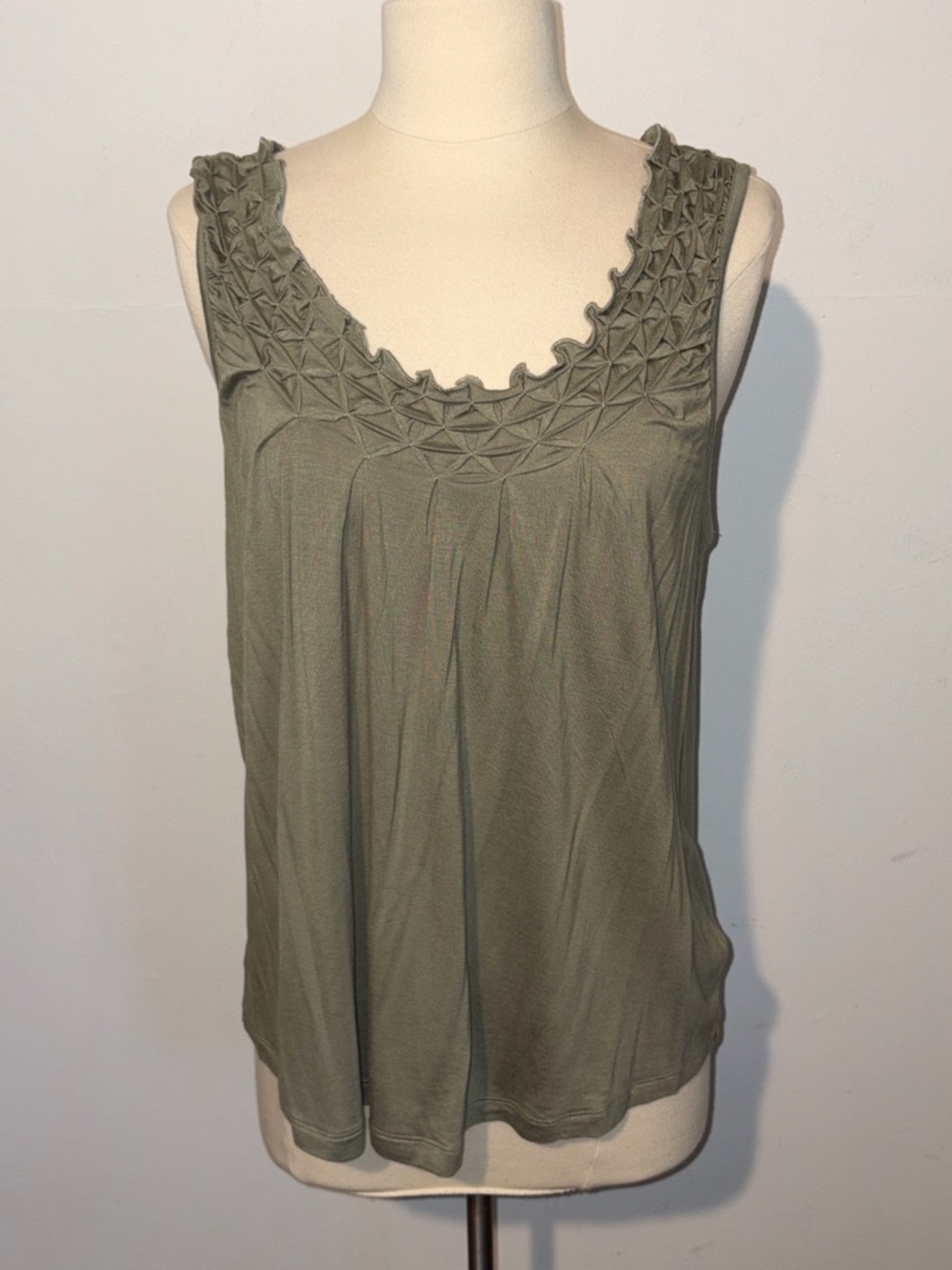 Olive Sleeveless Scoop Neck Tank Top with Smocked Yoke Maurices